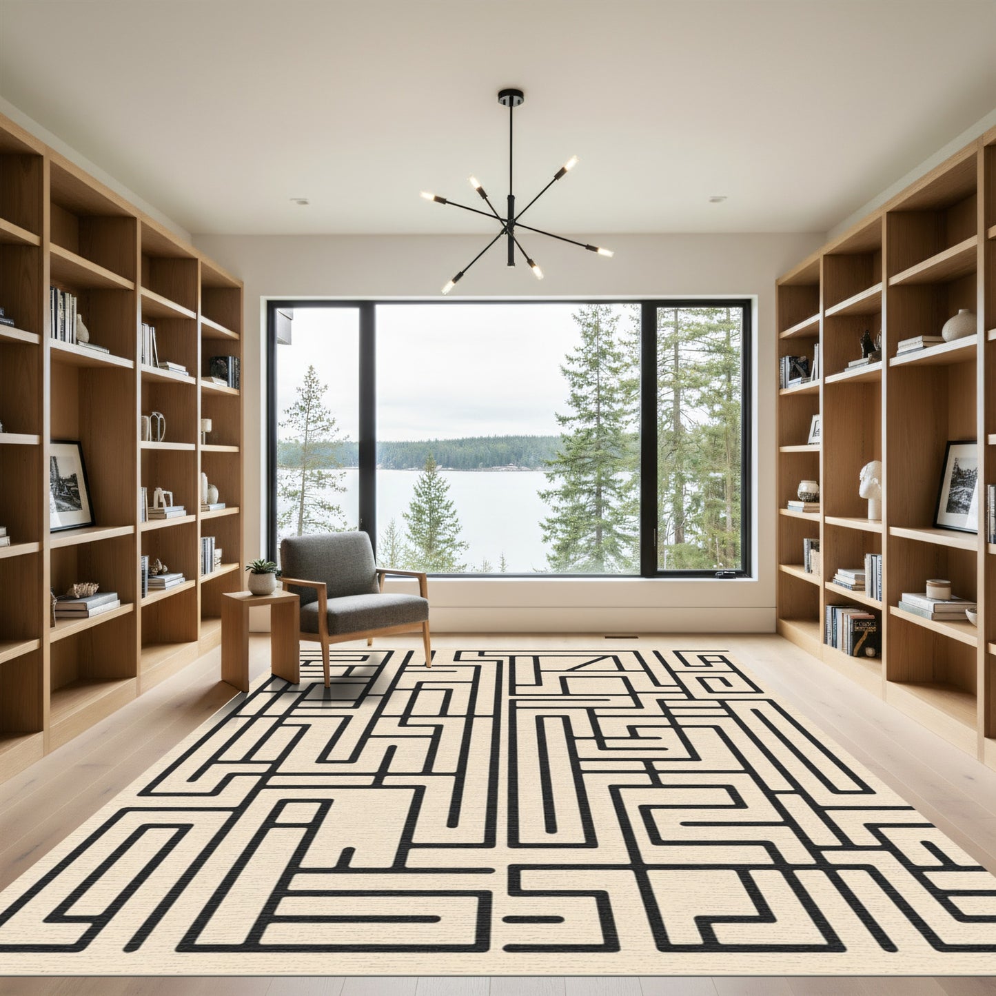 Beige Black Abstract Geometric Maze Rug