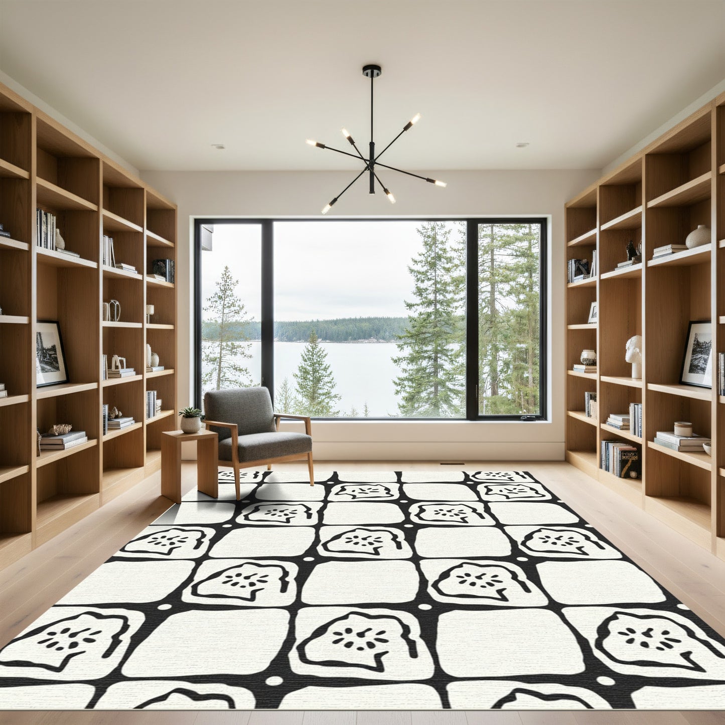 Black White Checkerboard Organic Bloom Rug
