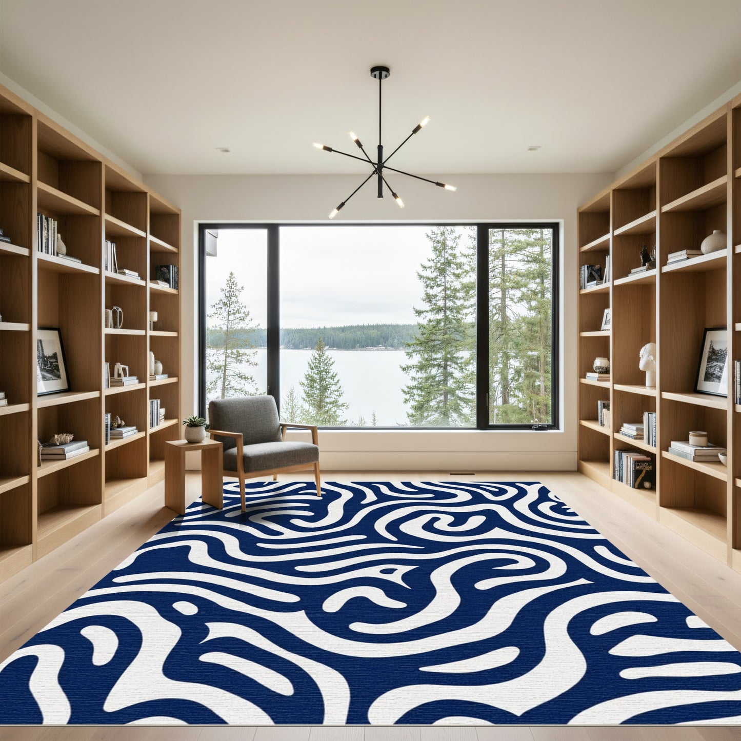 Navy White Abstract Flow Rug