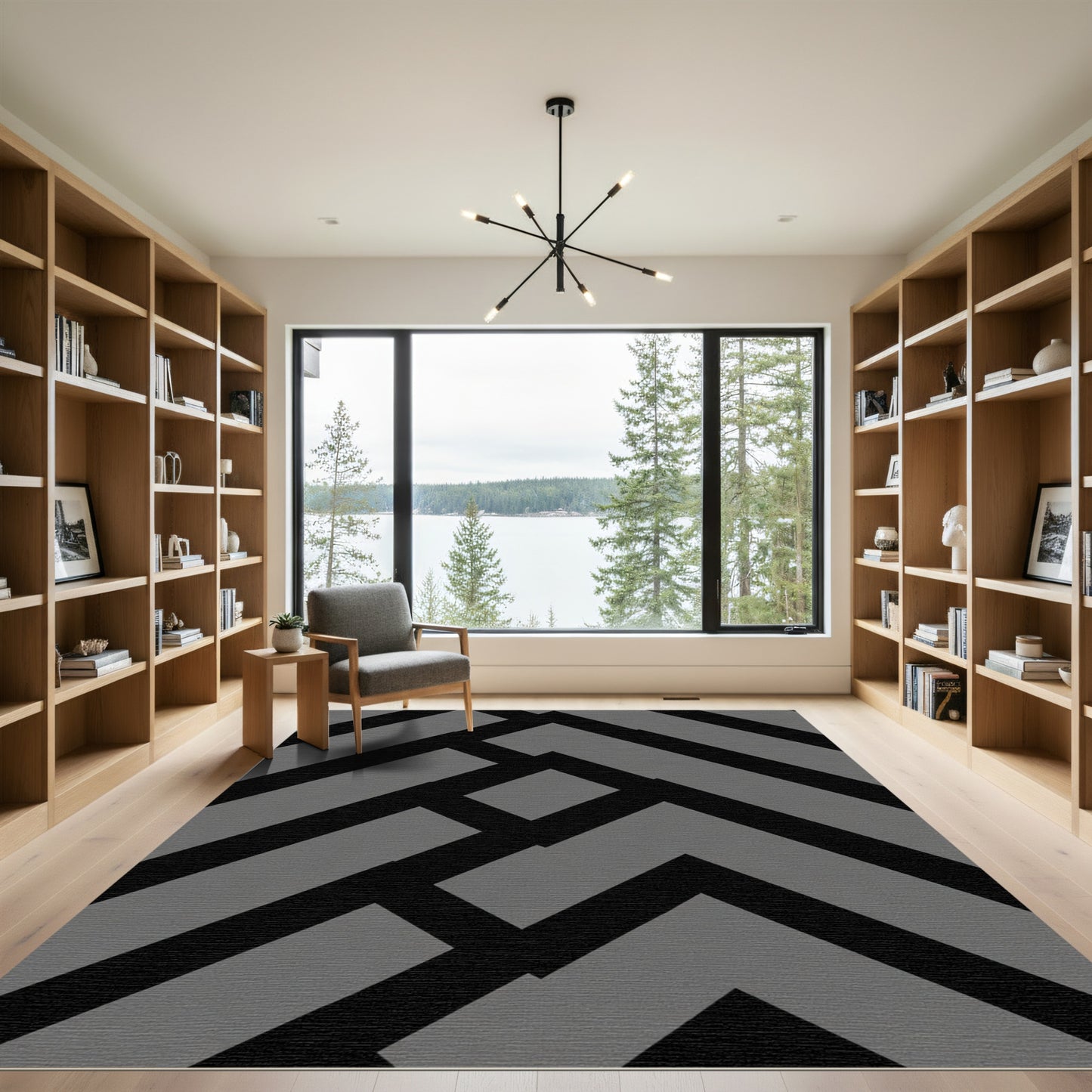 Modern Black Gray Geometric Maze Rug