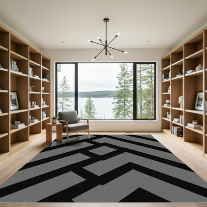 Modern Black Gray Geometric Maze Rug