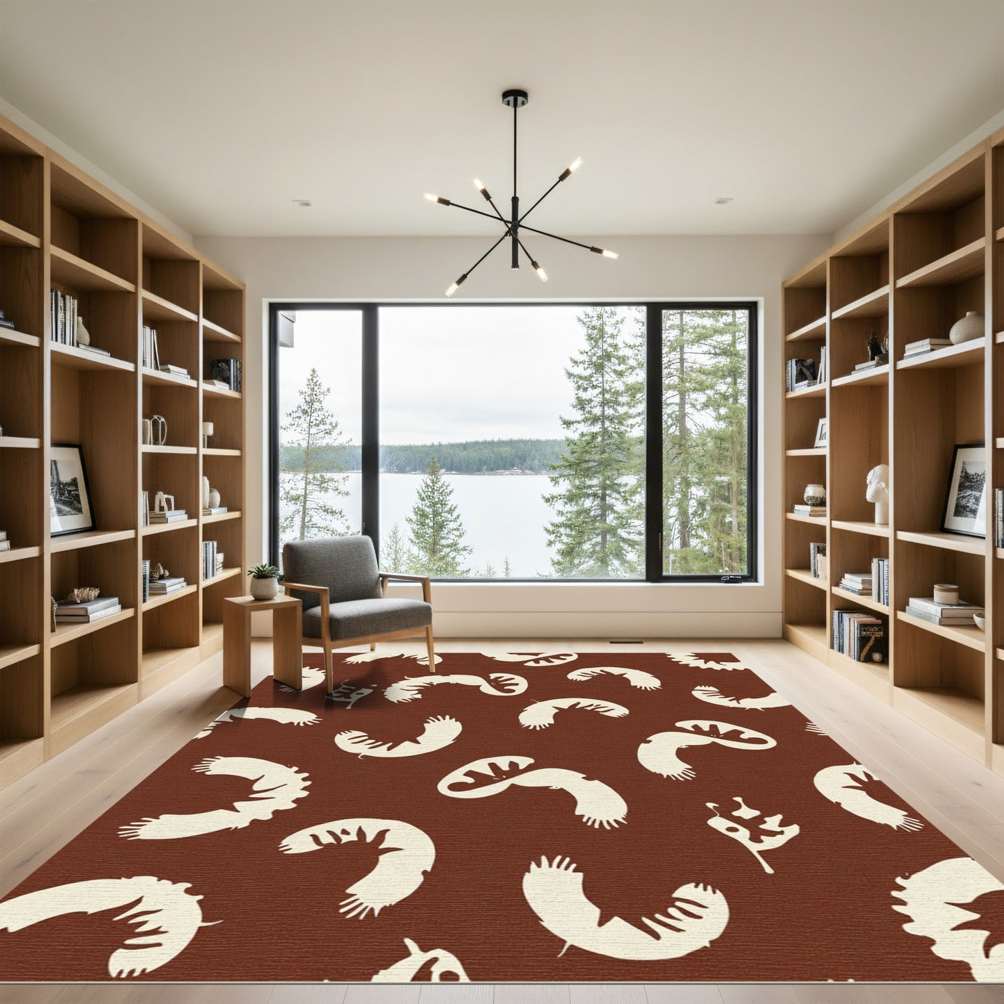 Brown Cream Abstract Feather Motif Rug