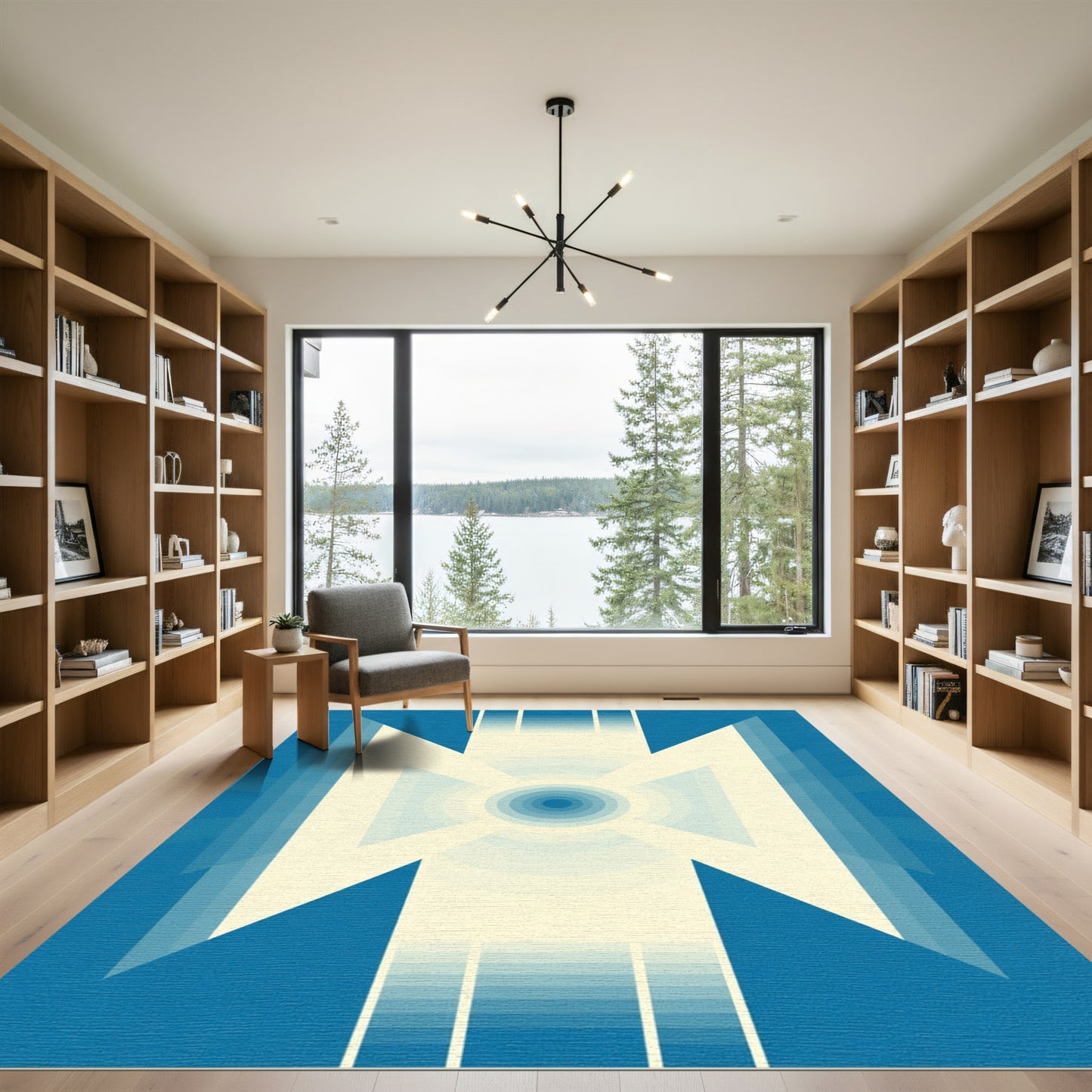 Deep Blue Gradient Geometric Sunburst Rug
