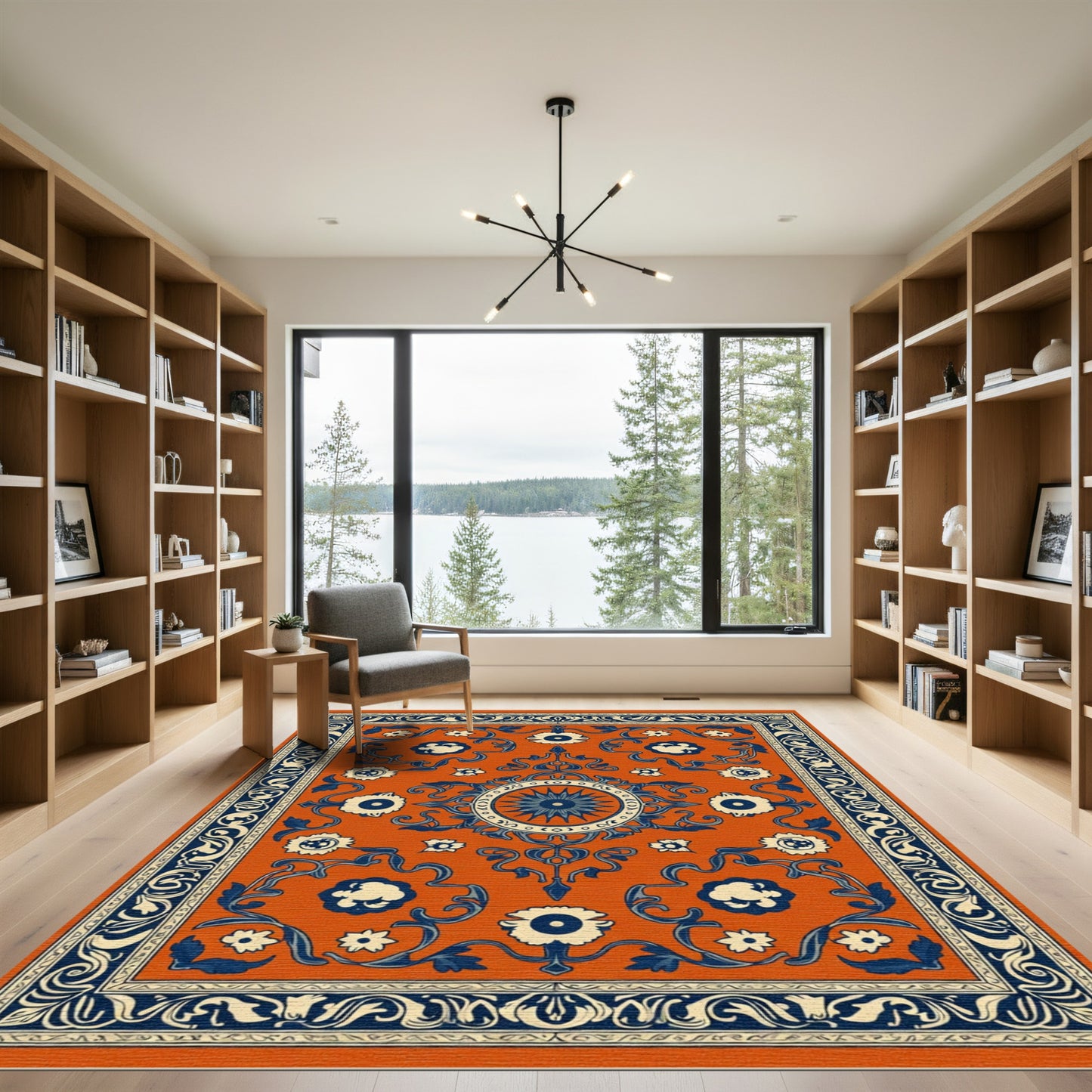 Orange Indigo Floral Medallion Statement Rug