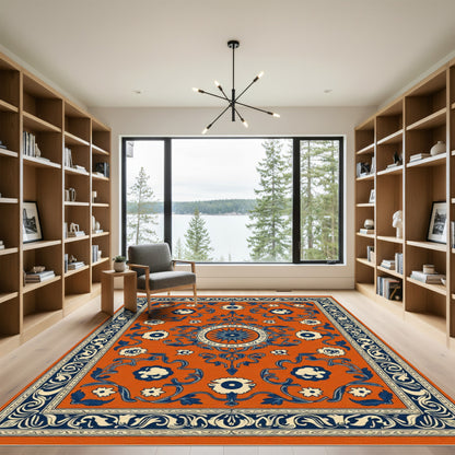 Orange Indigo Floral Medallion Statement Rug