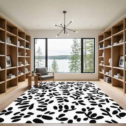 Black White Abstract Botanical Elements Rug