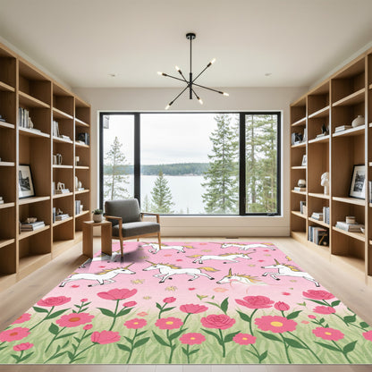 Whimsical Pink Unicorn Floral Meadow Rug