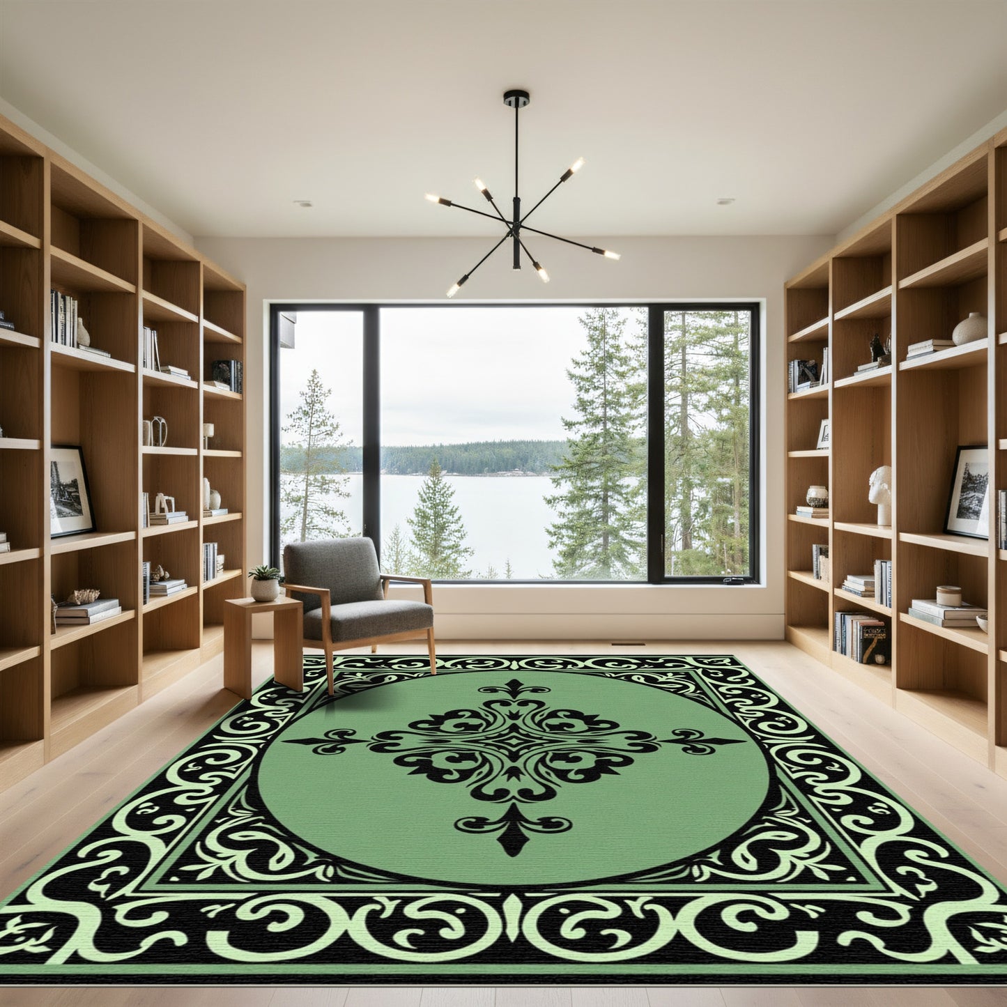 Sage Green Black Floral Medallion Rug