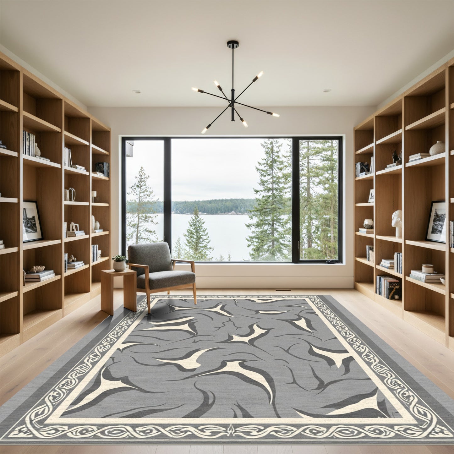 Gray Abstract Swirl Graphic Border Rug