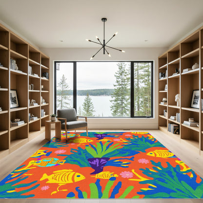 Bright Orange Coral Reef Fish Rug