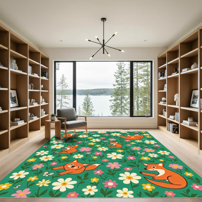 Whimsical Orange Foxes Floral Garden Rug