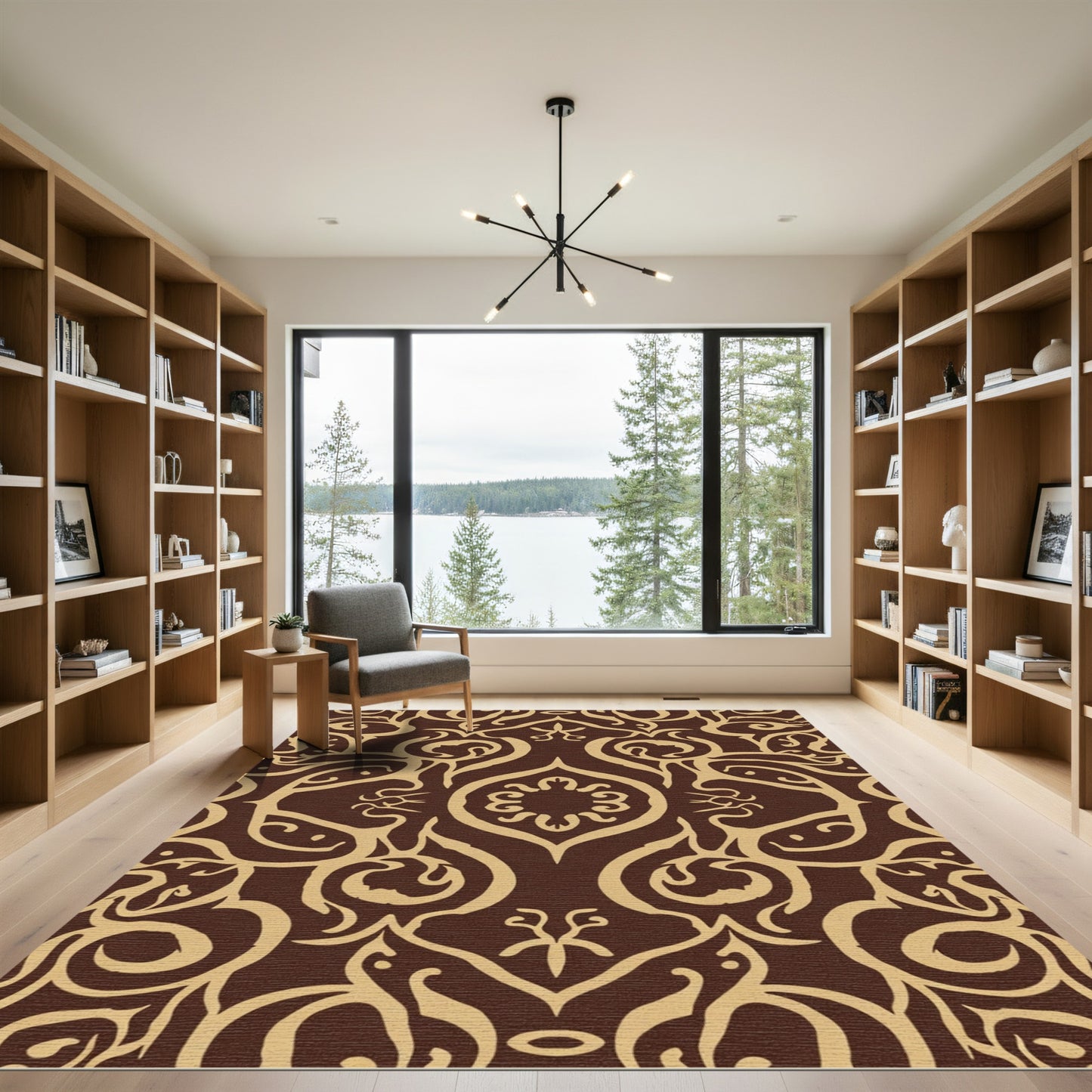 Brown and Gold Damask Scroll Rug