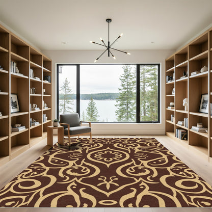 Brown and Gold Damask Scroll Rug