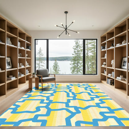 Blue Abstract Geometric Yellow Stripe Rug