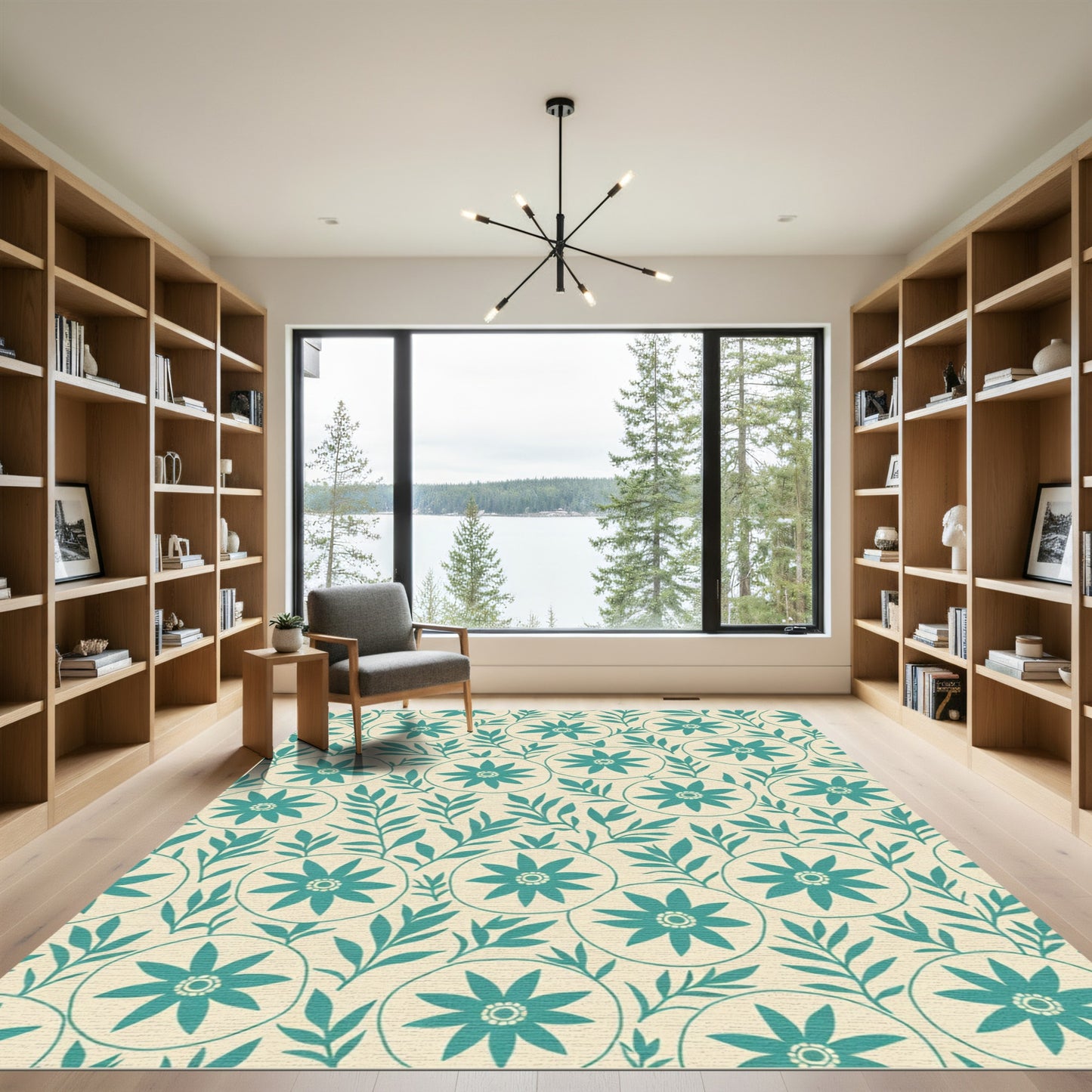 Teal Floral Vine Botanical Rug