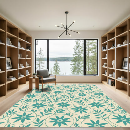 Teal Floral Vine Botanical Rug