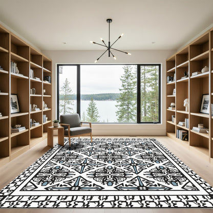 Black Blue Geometric Quatrefoil Medallion Rug