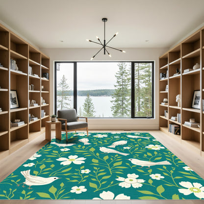 Teal White Birds Floral Garden Rug