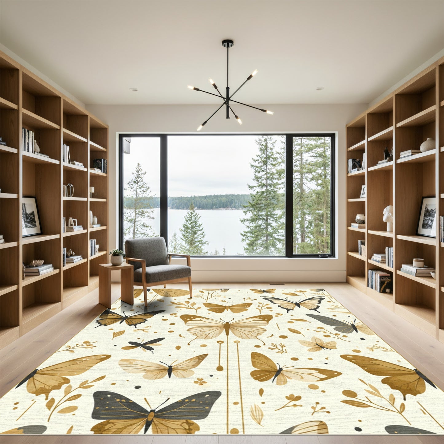 Golden Butterflies and Botanical Sprigs Rug