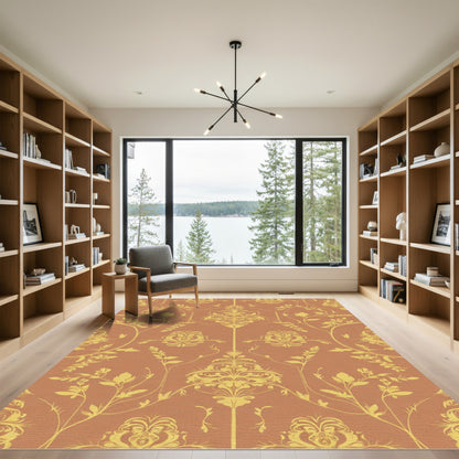 Terracotta Yellow Floral Baroque Scroll Rug
