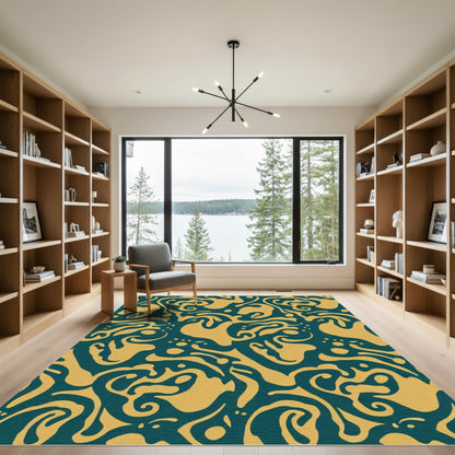 Golden Swirl Teal Abstract Rug