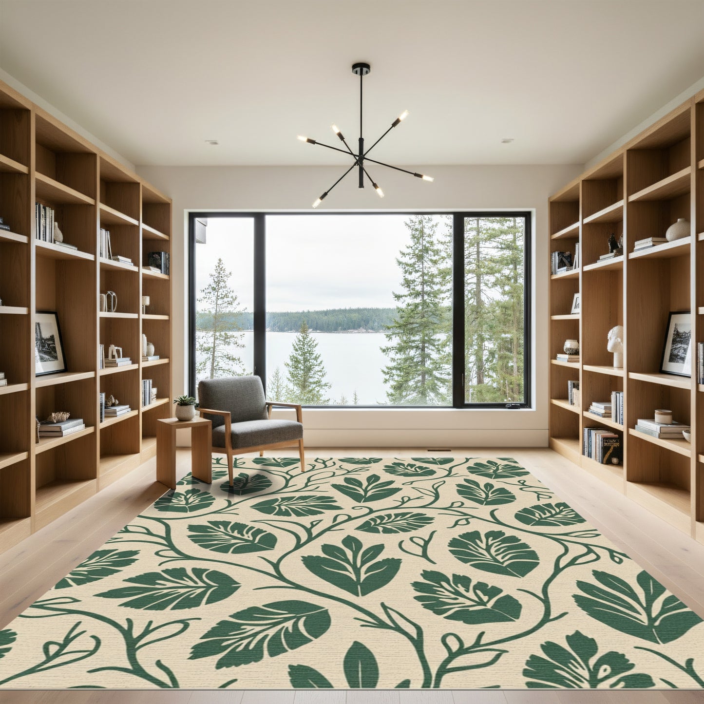 Dark Green Vine Leaf Cream Rug