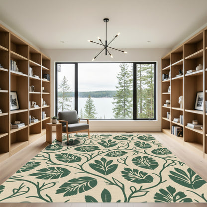 Dark Green Vine Leaf Cream Rug