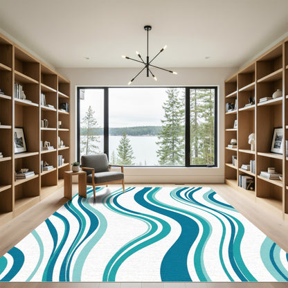 Aqua Teal Abstract Wave Lines Rug