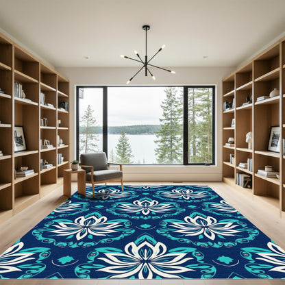 Rich Teal Lotus Medallion Repeating Rug