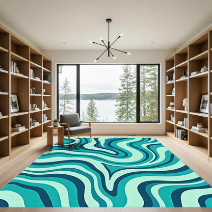 Teal Fluid Wave Abstract Rug