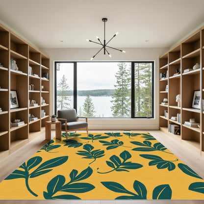 Teal Leafy Botanical Mustard Yellow Rug