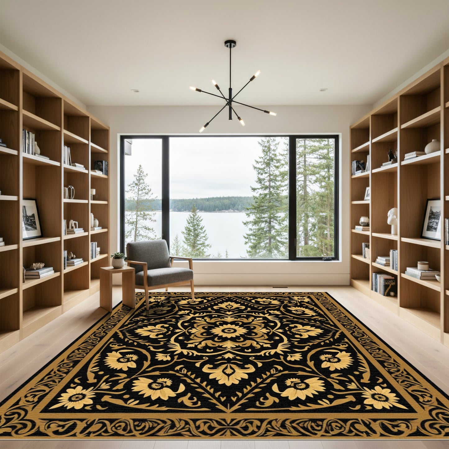 Black Gold Floral Garden Medallion Rug