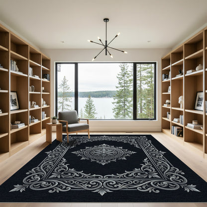 Ornate Silver Floral Medallion Rectangle Rug