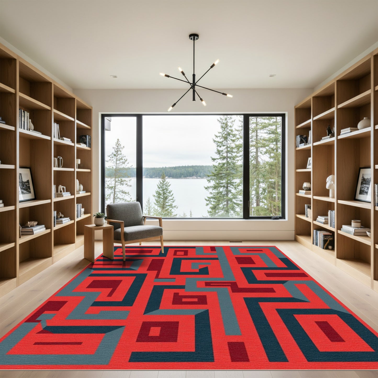 Deep Red Blue Geometric Maze Rug