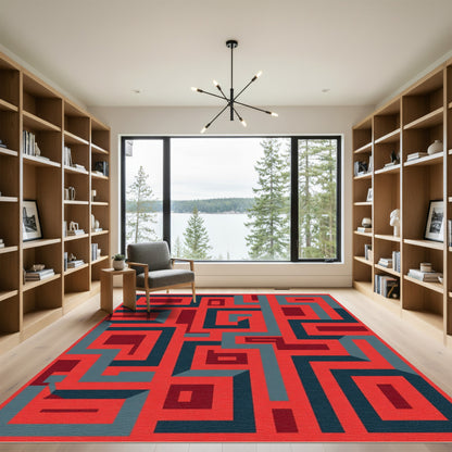 Deep Red Blue Geometric Maze Rug