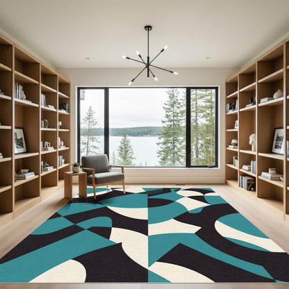 Teal Cream Black Abstract Art Rug
