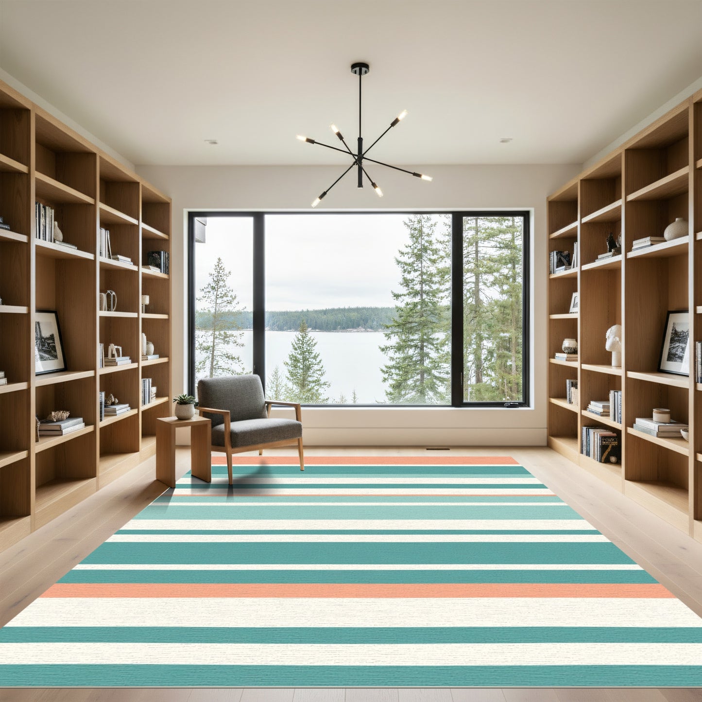 Coral Teal White Stripe Accent Rug