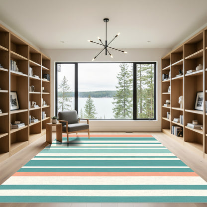 Coral Teal White Stripe Accent Rug