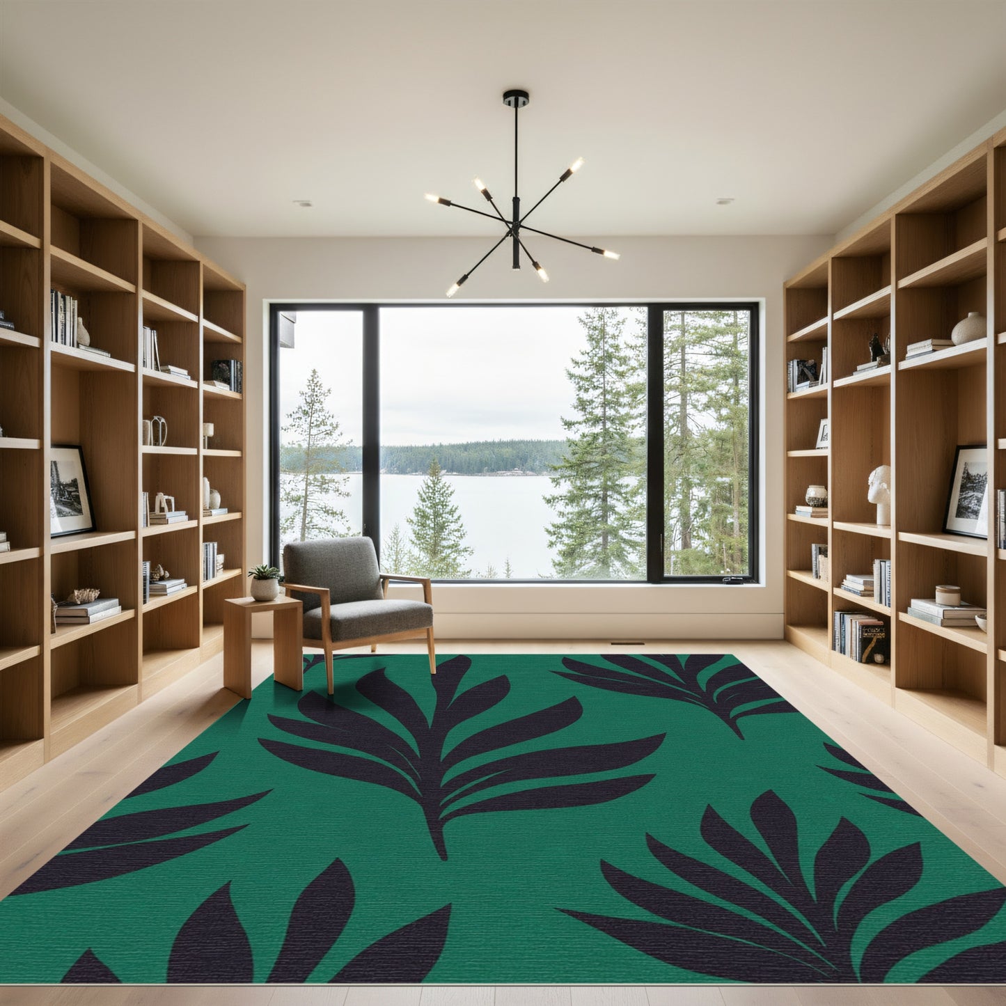 Deep Teal Fern Botanical Art Rug