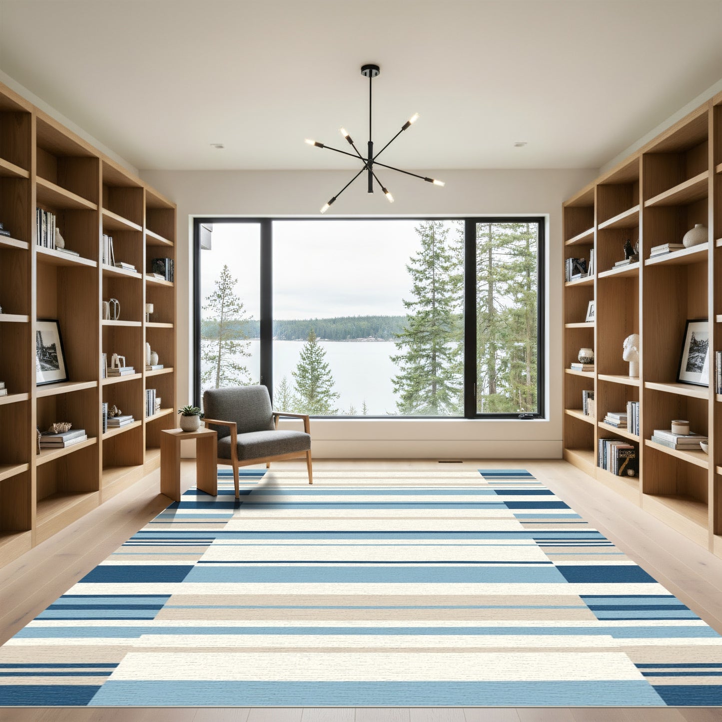 Coastal Blue Striped Rectangular Rug