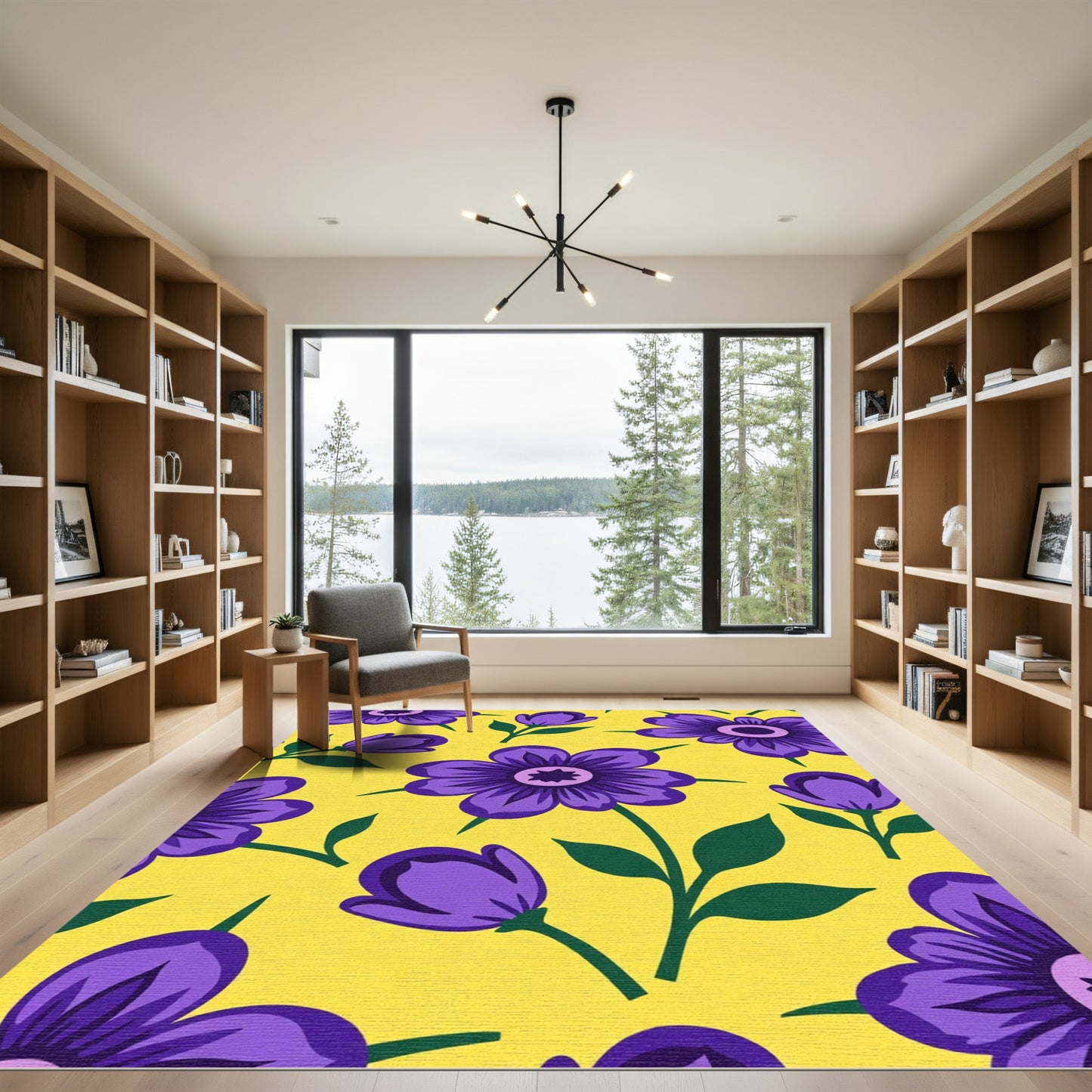 Purple Floral Meadow Yellow Background Rug