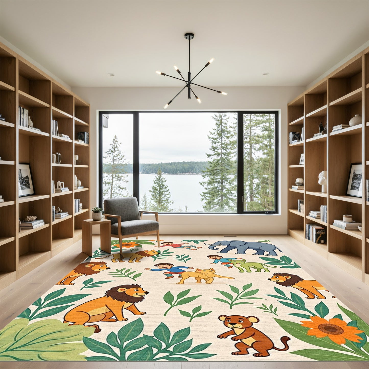 Joyful Kids Lions Elephants Leaves Flowers Rug