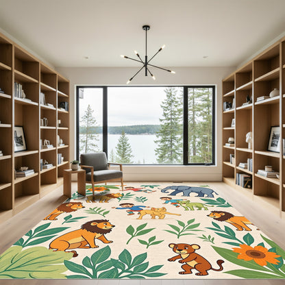 Joyful Kids Lions Elephants Leaves Flowers Rug