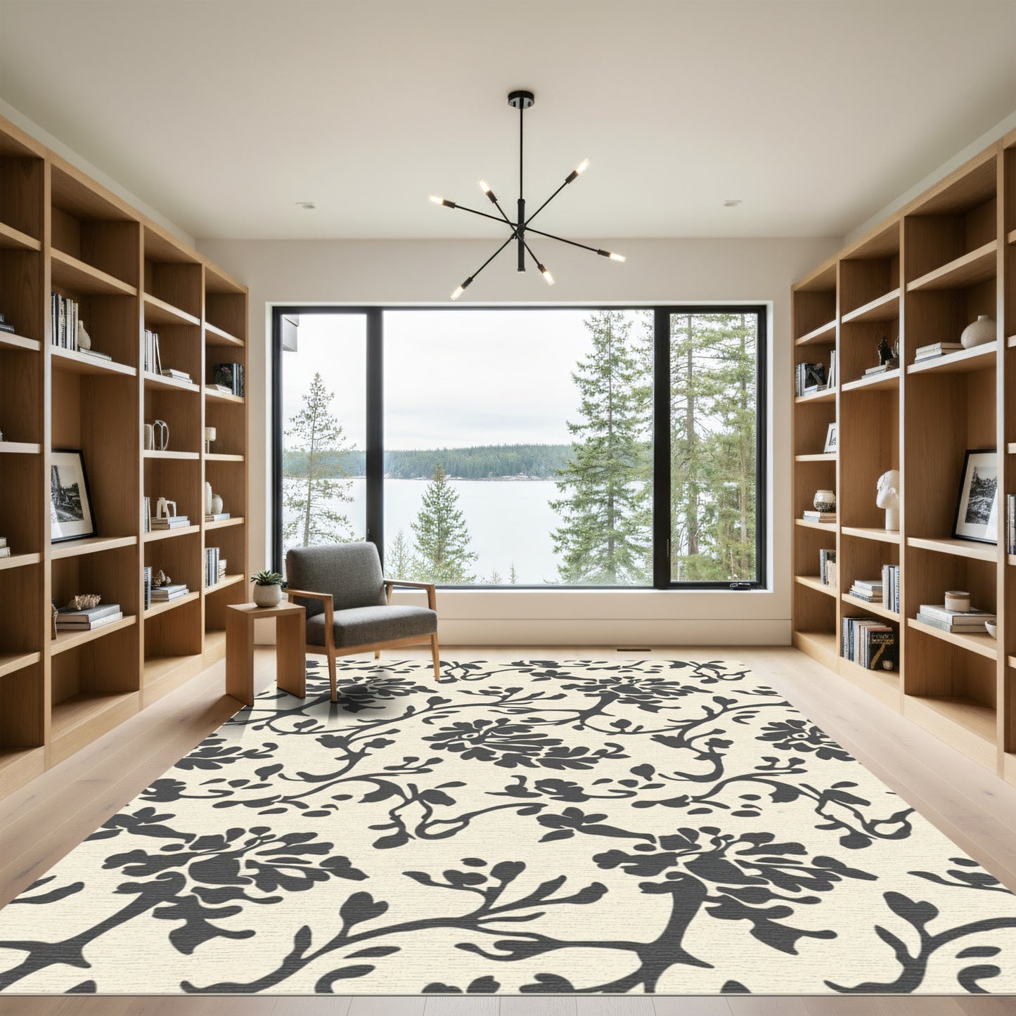 Dark Charcoal Floral Branch Art Rug