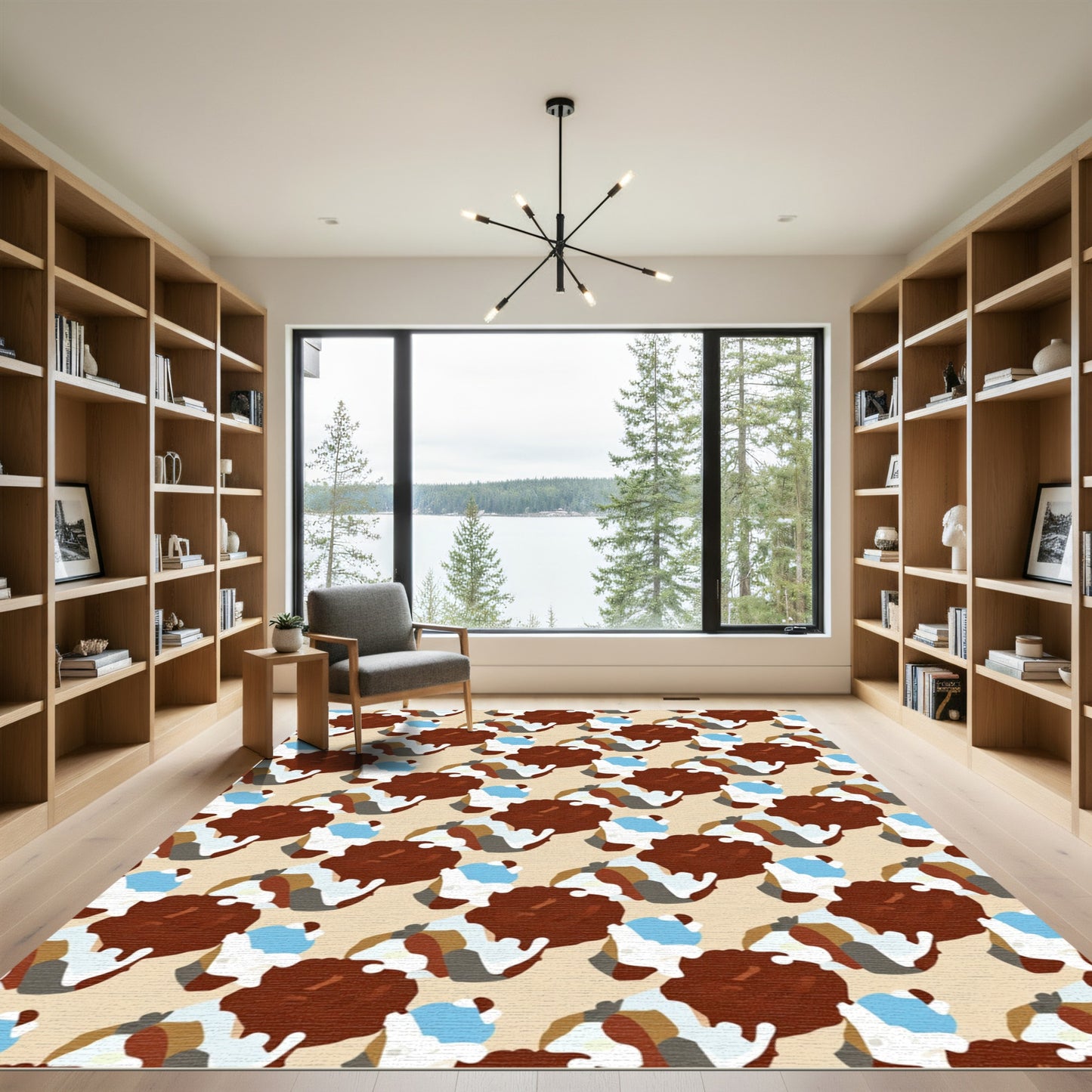 Ornate Brown White Blue Abstract Repeat Rug