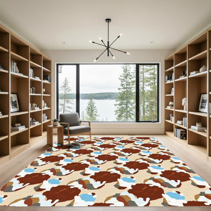 Ornate Brown White Blue Abstract Repeat Rug