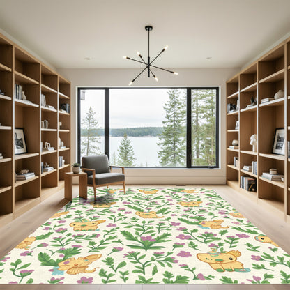 Whimsical Yellow Creatures Floral Meadow Rug