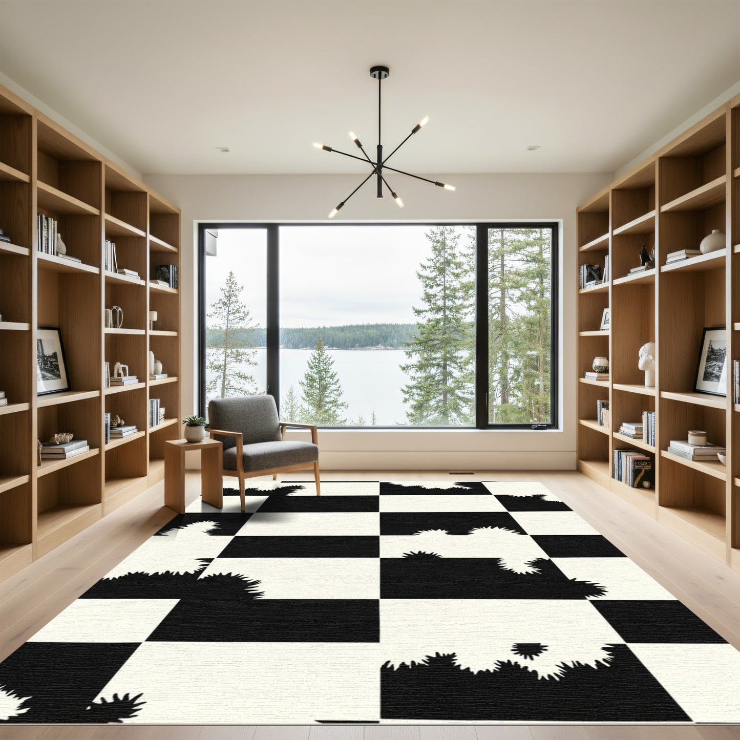 Black White Jagged Square Check Rug