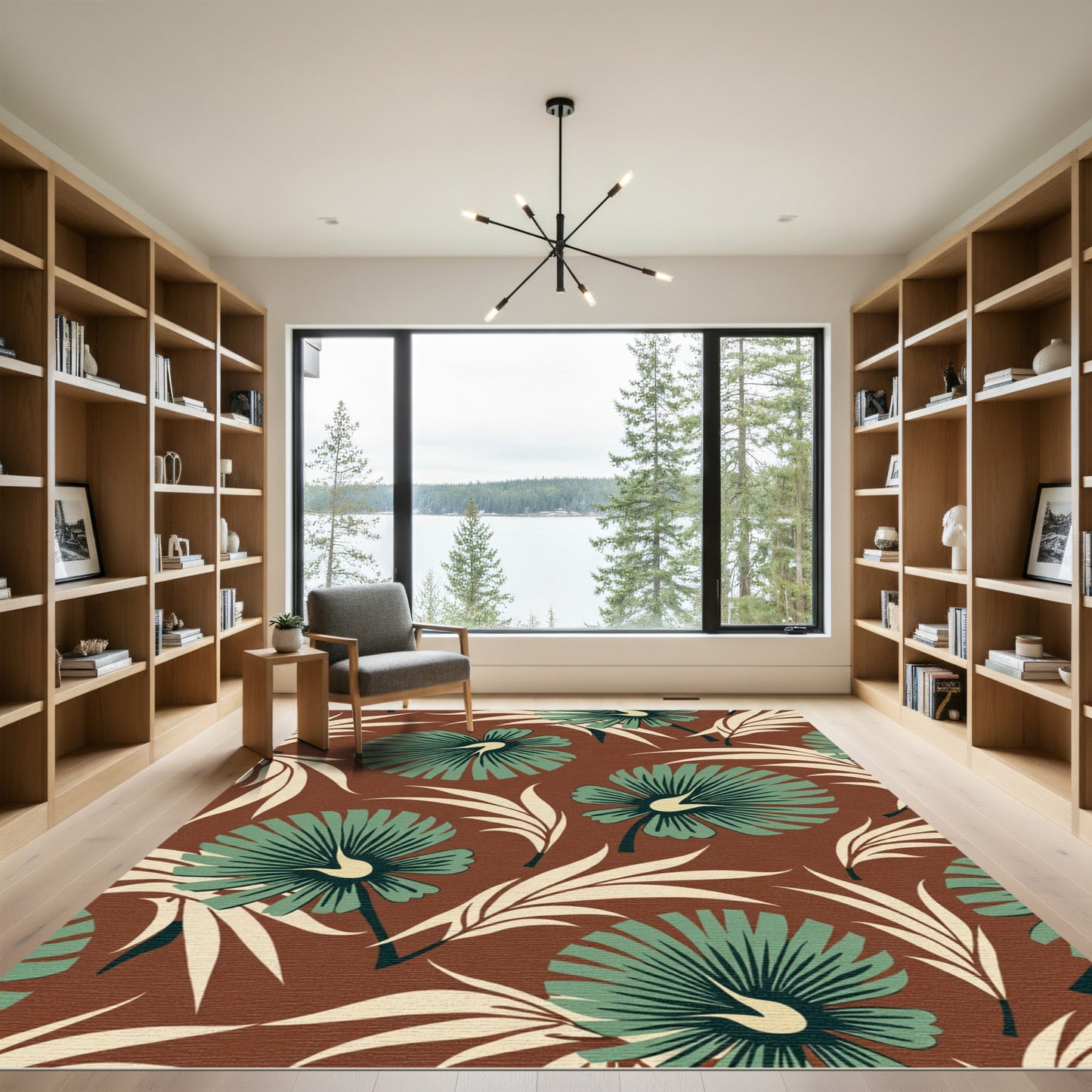 Terracotta Teal Palm Leaf Floral Rug