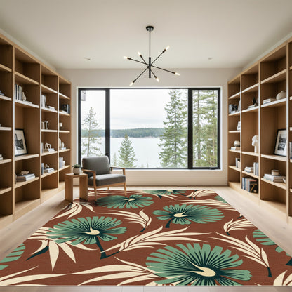 Terracotta Teal Palm Leaf Floral Rug